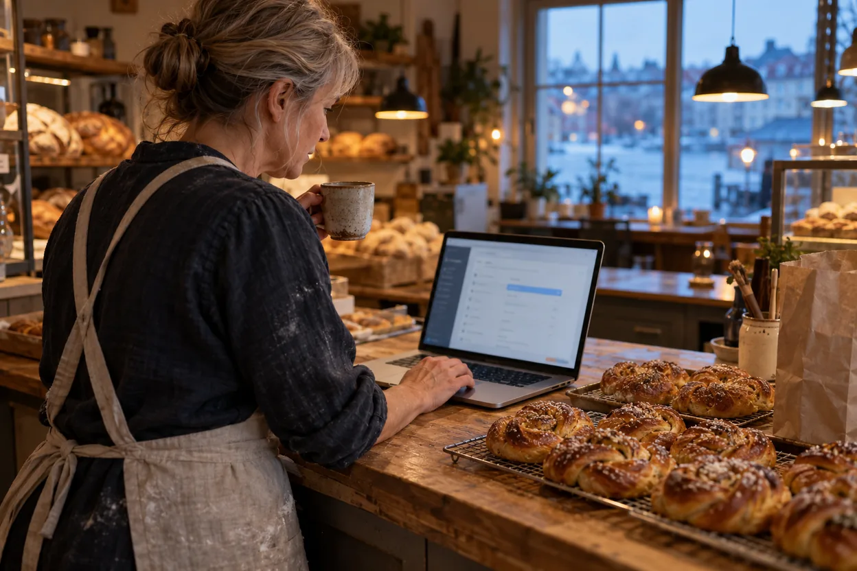 Ägaren till ett bageri dricker kaffe och går igenom hemsidans inställningar på en bärbar dator vid disken en tidig vintermorgon, med nybakade kardemummabullar på galler bredvid