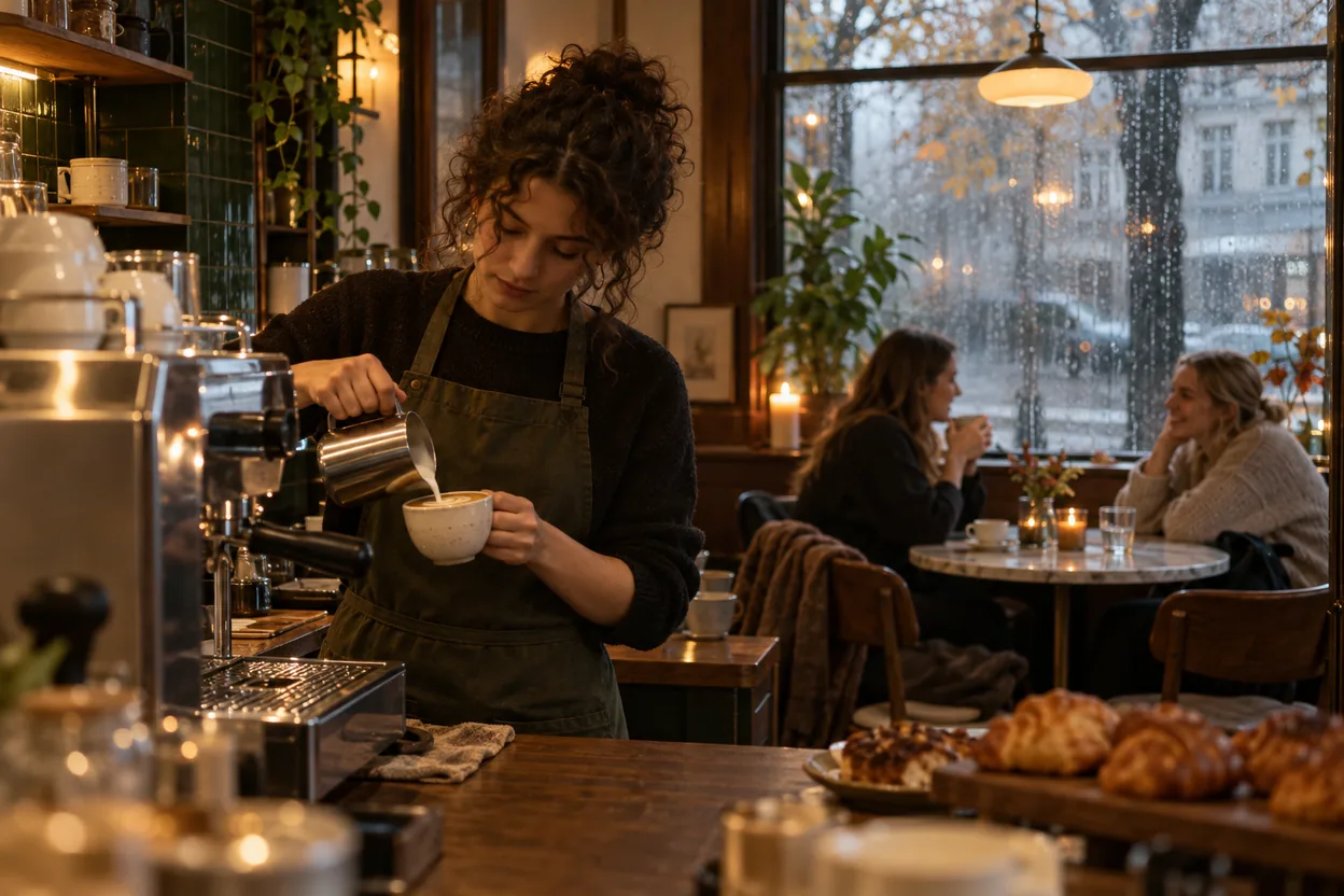 En barista häller upp mjölk vid espressomaskinen medan två stamgäster pratar vid fönstret en regnig morgon