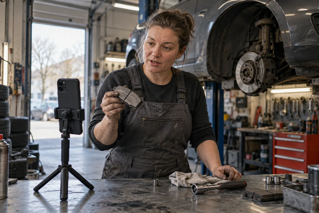 En bilmekaniker i en mindre verkstad håller upp ett slitet bromsbelägg mot mobilen på stativ och spelar in en kort video, med en bil på lyften i bakgrunden