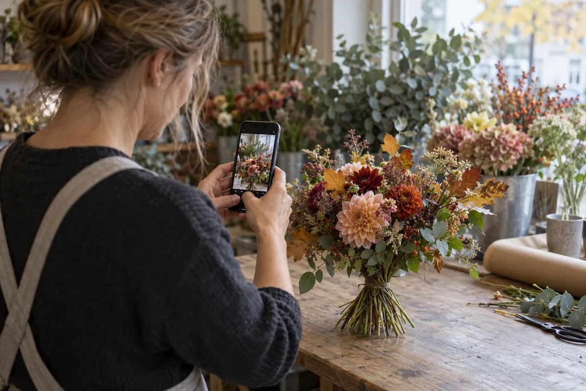 Ägaren till en blomsterbutik fotograferar en höstbukett på disken med mobilen, sett över hennes axel