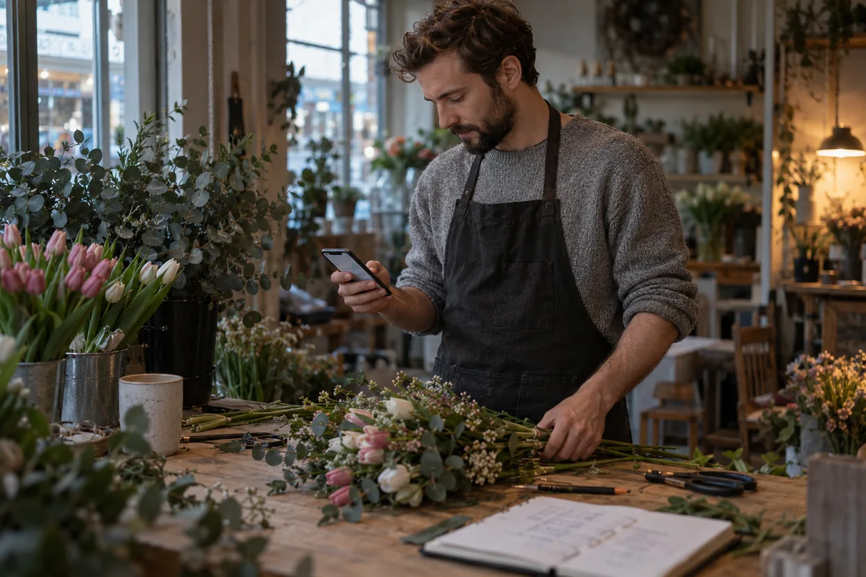 Blomsterhandlare vid arbetsbänken före öppning, med mobilen i handen och veckoplaneringen uppslagen bredvid buketten