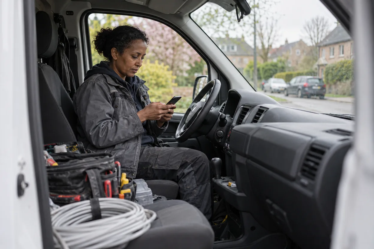 En elektriker sitter i servicebilen efter ett avslutat jobb och skickar ett kort sms till kunden med en fråga om en Google-recension