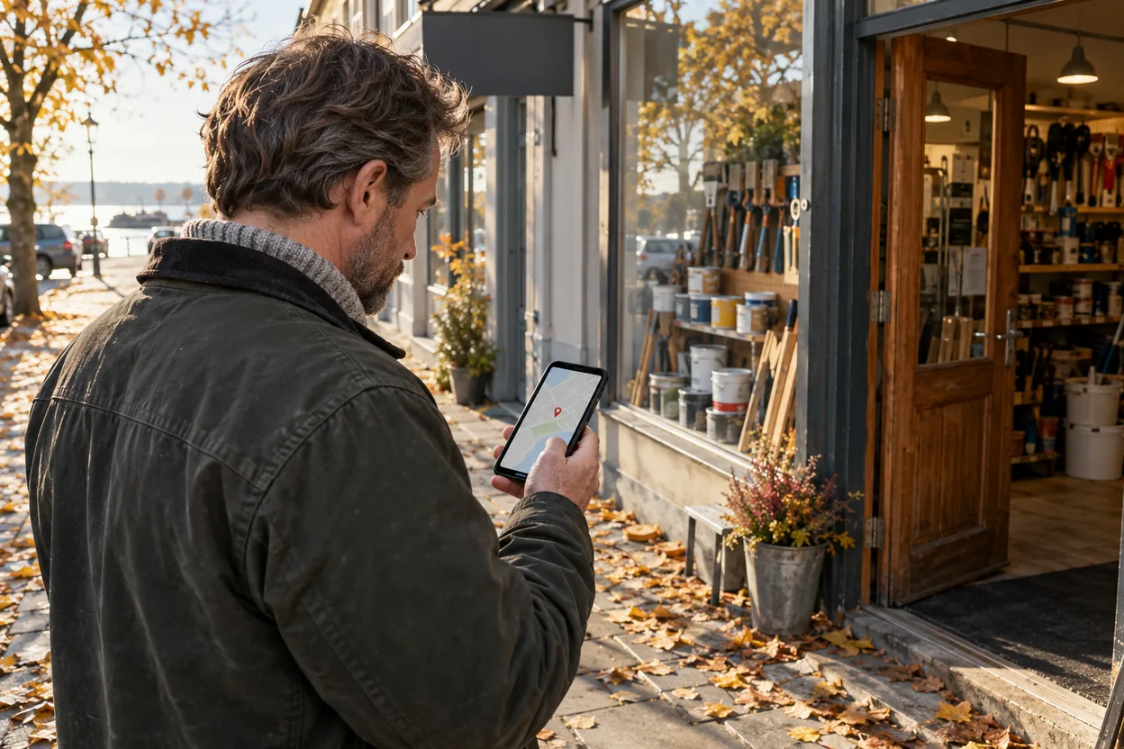 Ägaren till en järnhandel står på trottoaren utanför butiken och kontrollerar butikens plats på en karta i mobilen, sett över hans axel