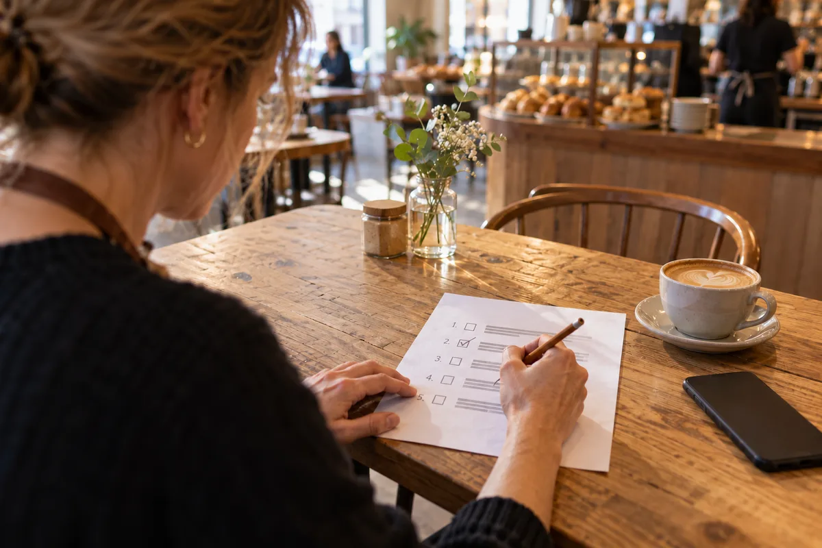 Ägaren till ett kafé bockar av punkterna på en åtgärdslista vid ett träbord, med en cappuccino och mobilen bredvid