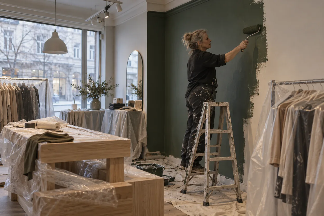 Ägaren målar om sin butik i en djupare färg medan inredningen står övertäckt, en verksamhet mitt i en medveten omposition