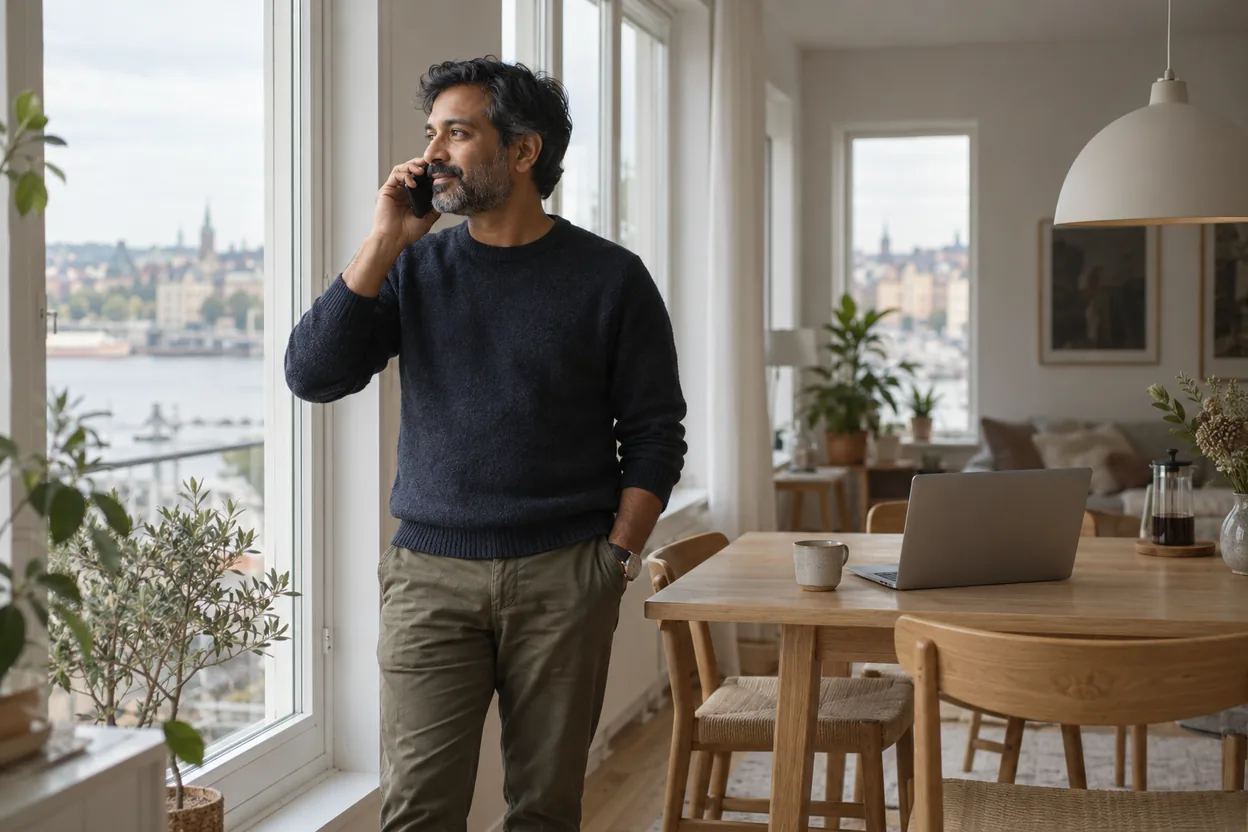 En man vid fönstret hemma ringer ett lokalt företag, lugn och beslutad, med laptopen där han redan jämfört alternativen i bakgrunden