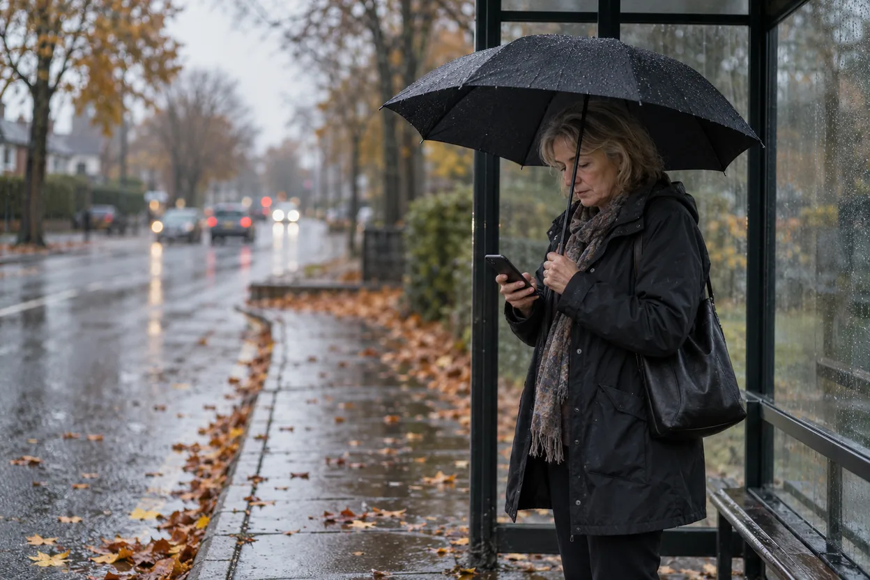 En kvinna vid en busshållplats håller paraplyet i ena handen och använder mobilen med tummen, så som många besöker en lokal företagssajt