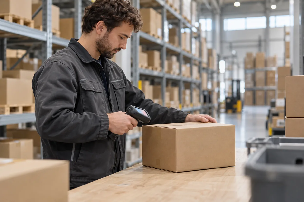 Lagerarbetare skannar ett paket vid en packstation i ett ljust lager med fulla hyllor