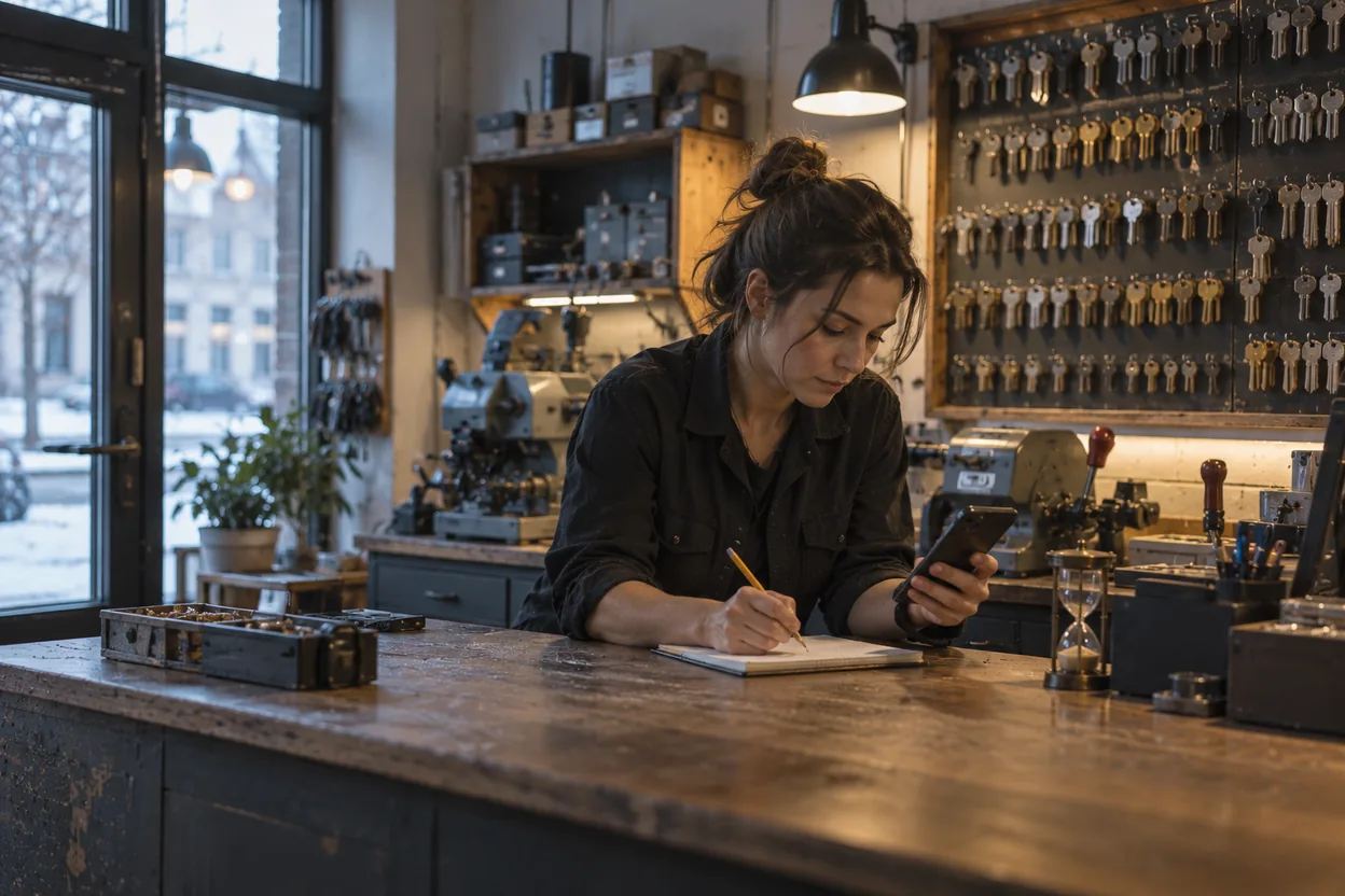 En låssmed går igenom konkurrenternas profiler i mobilen före öppning, med timglas och checklista för en snabb och strukturerad genomgång