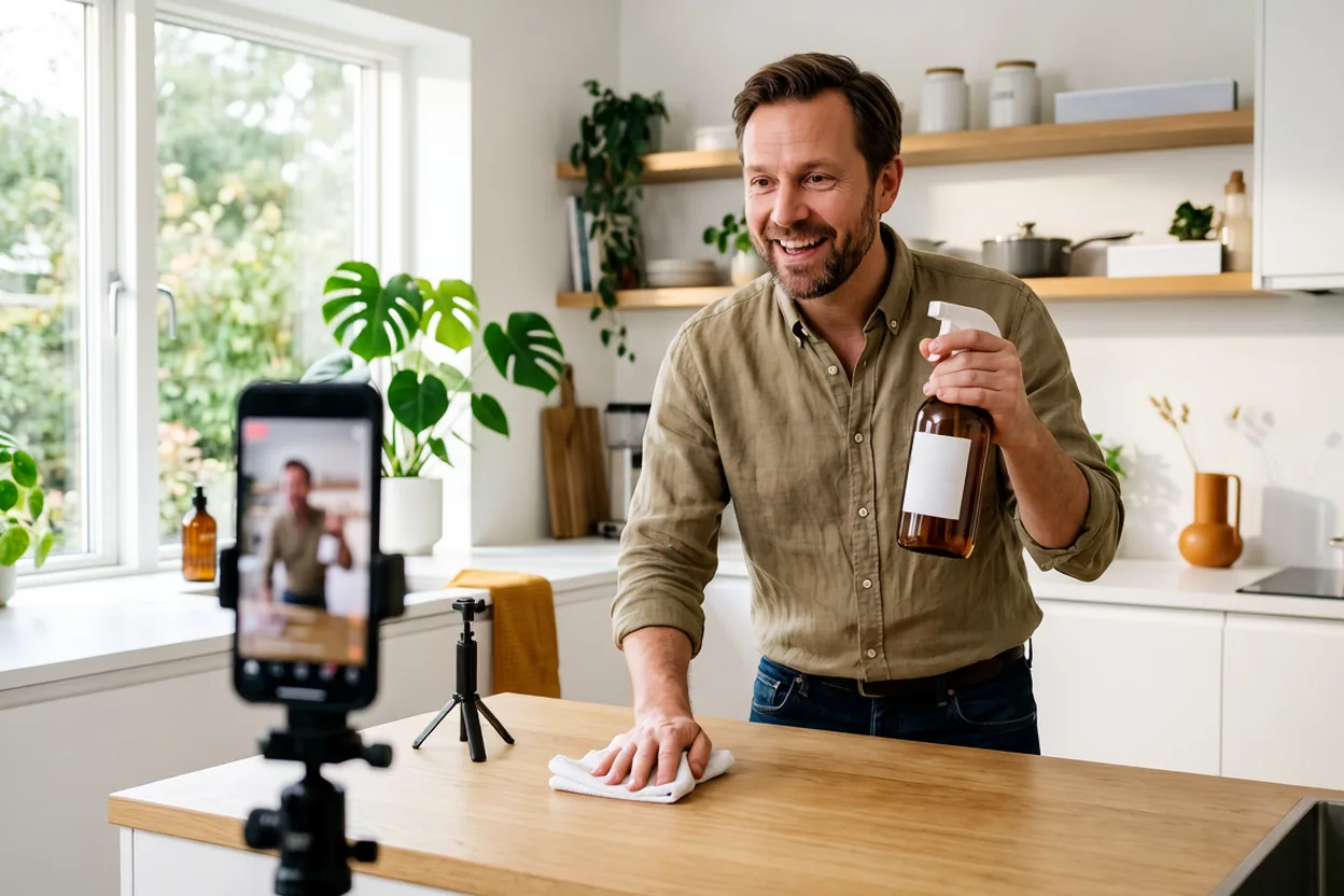 Live selling med vardagsvaror: en man visar ett rengöringsmedel i köket medan en mobil på stativ sänder live