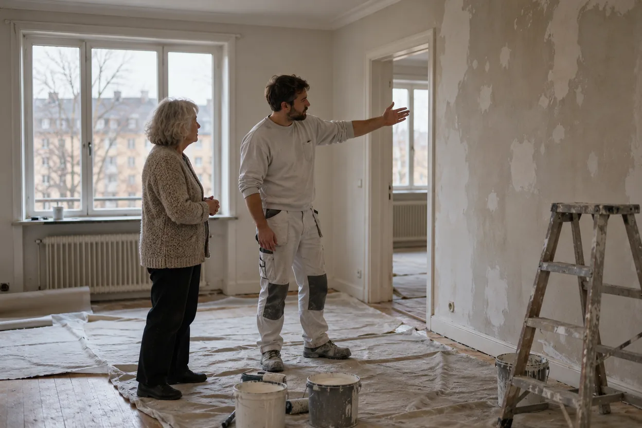 En målare går igenom jobbet med en äldre bostadsägare i ett tomt vardagsrum, ett uppdrag där priset beror på omfattningen och behöver förklaras