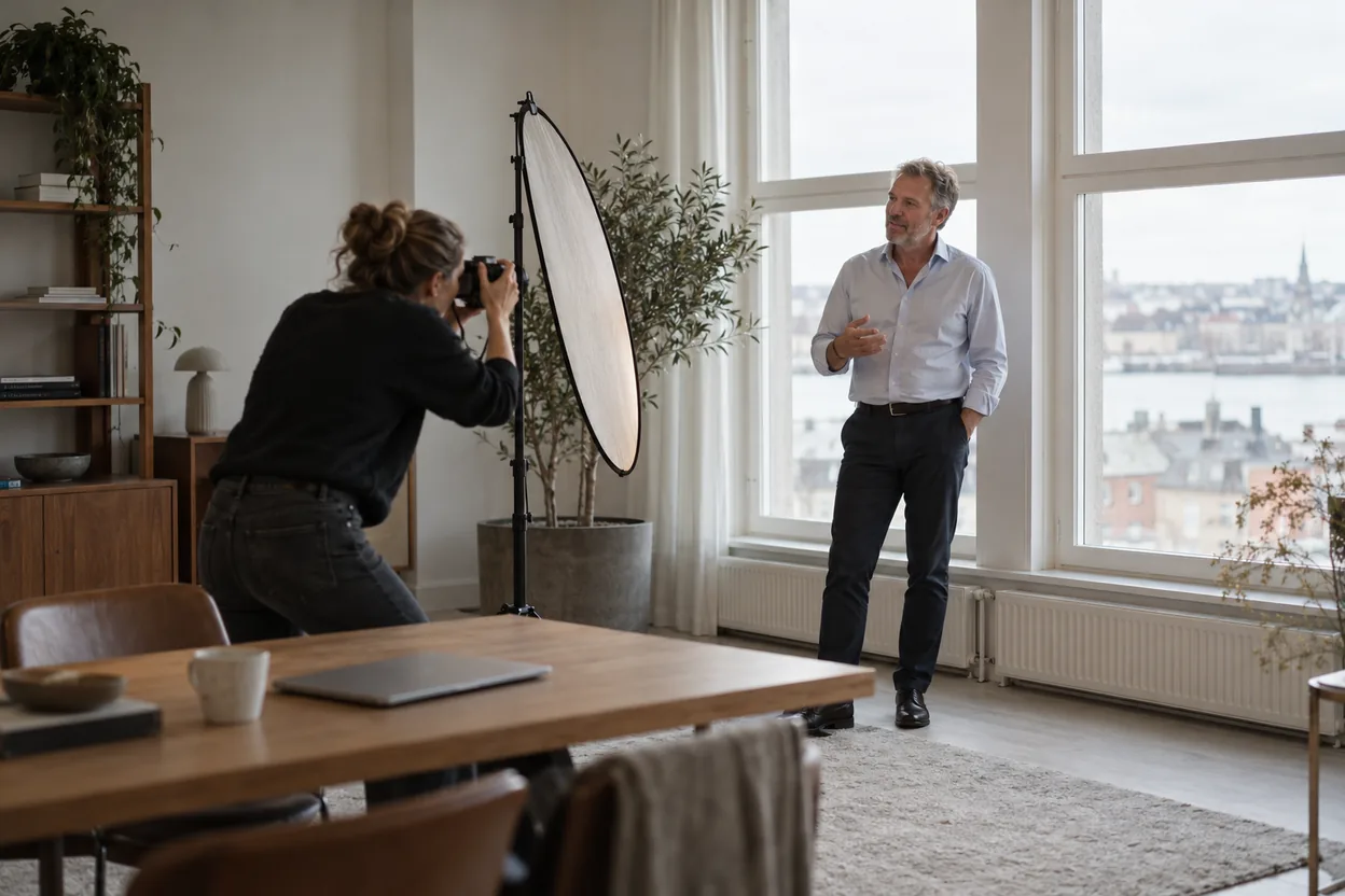 En fotograf tar ett naturligt porträtt av en företagsledare vid kontorsfönstret, den sortens riktiga foton som ersätter stockbilder