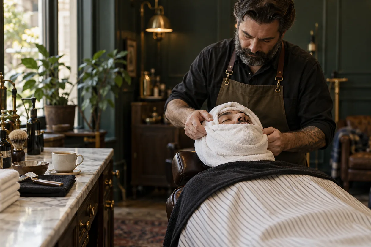 En barberare lägger en varm handduk över kundens ansikte i en lugn och genomtänkt salong, en premiumupplevelse som motiverar ett högre pris