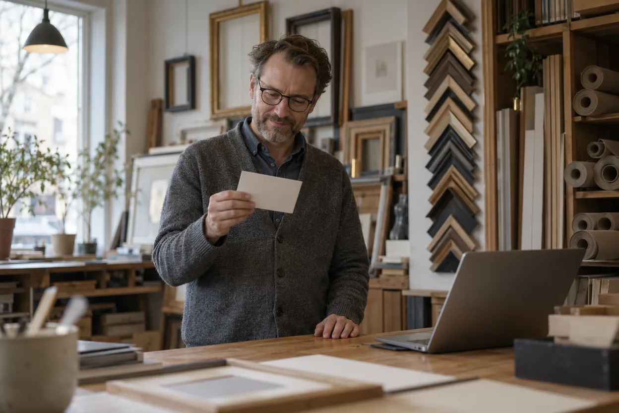 Ägaren till en ramaffär läser ett vykort vid disken, som när verifieringskoden till Google-företagsprofilen kommer med posten