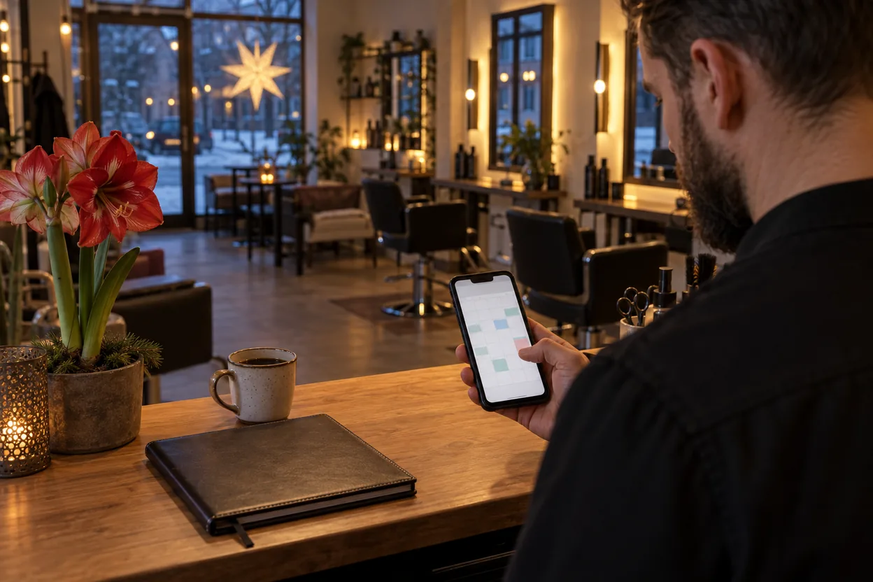 Ägaren till en frisörsalong uppdaterar helgdagarnas öppettider i kalendern i mobilen vid receptionen en vintermorgon, med en amaryllis och en kaffekopp på disken